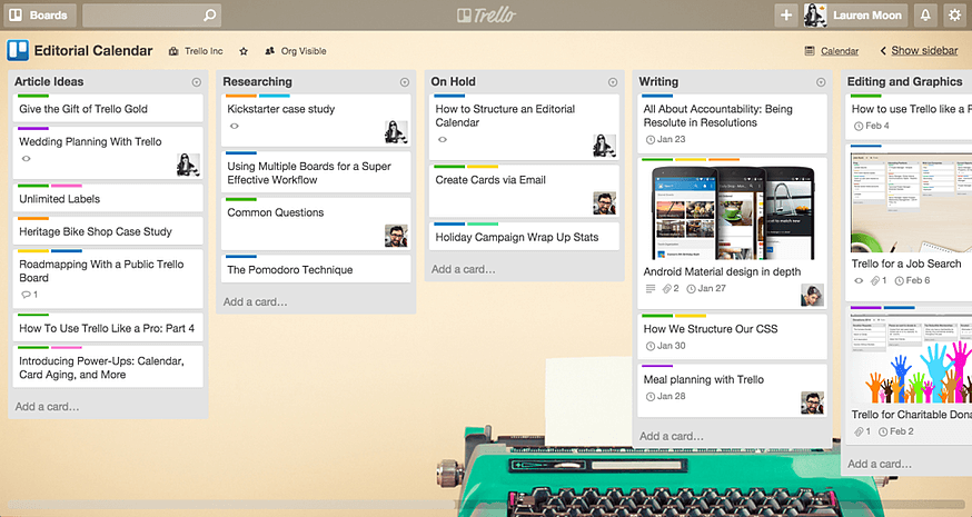 Example of a Trello Editorial Calendar.