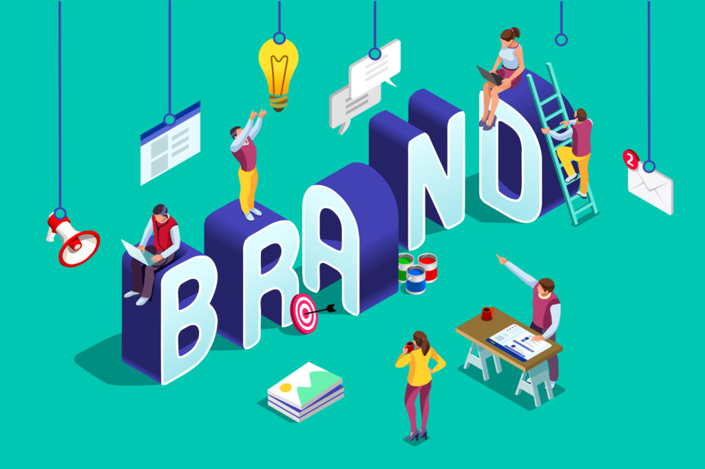 Brand vector text with employers working on branding design. Flat Isometric people illustration isolated on blue background. Can use for web banner, infographics, hero images.